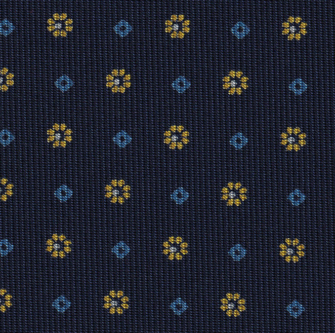 {[en]:Sky Blue, White & Yellow Gold on Dark Navy Blue Macclesfield Print Pattern Silk Tie