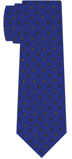 ロイヤルブルーのマクルズフィールドプリント柄シルクネクタイ（スカイブルー、ホワイト、バーントオレンジ） #MCT-552