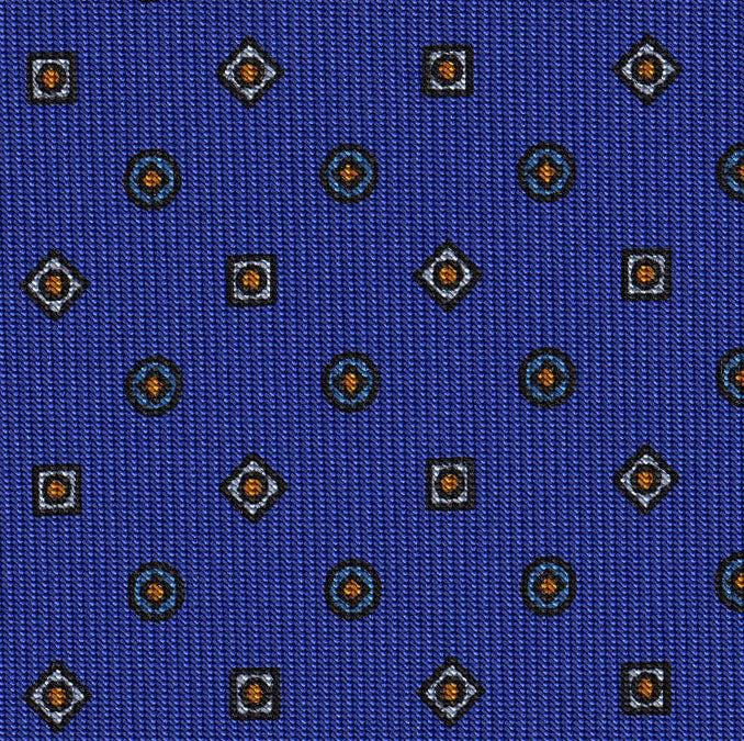 {[en]:Sky Blue, White & Burnt Orange on Royal Blue Macclesfield Print Pattern Silk Tie