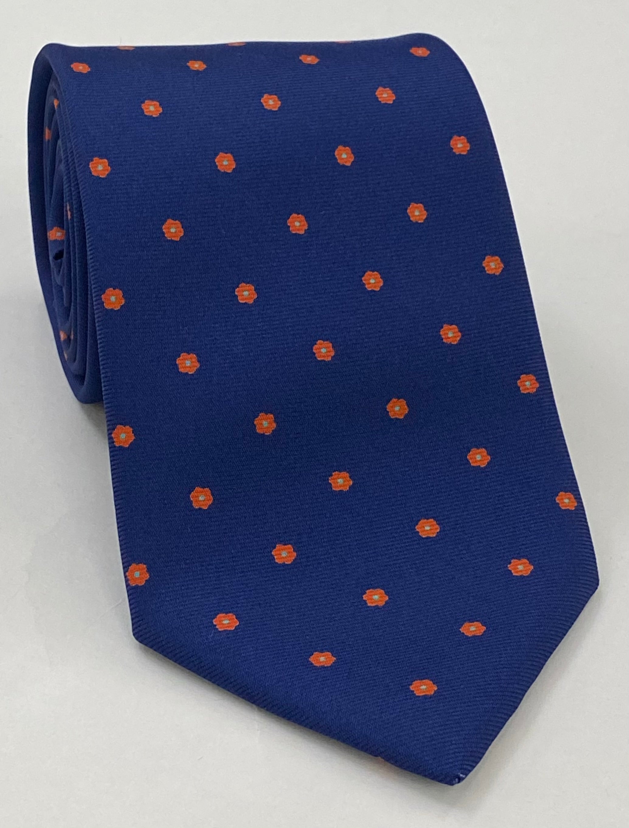 Sky Blue & Orange on Dark Navy Blue Macclesfield Print Pattern Silk Tie MCT-555