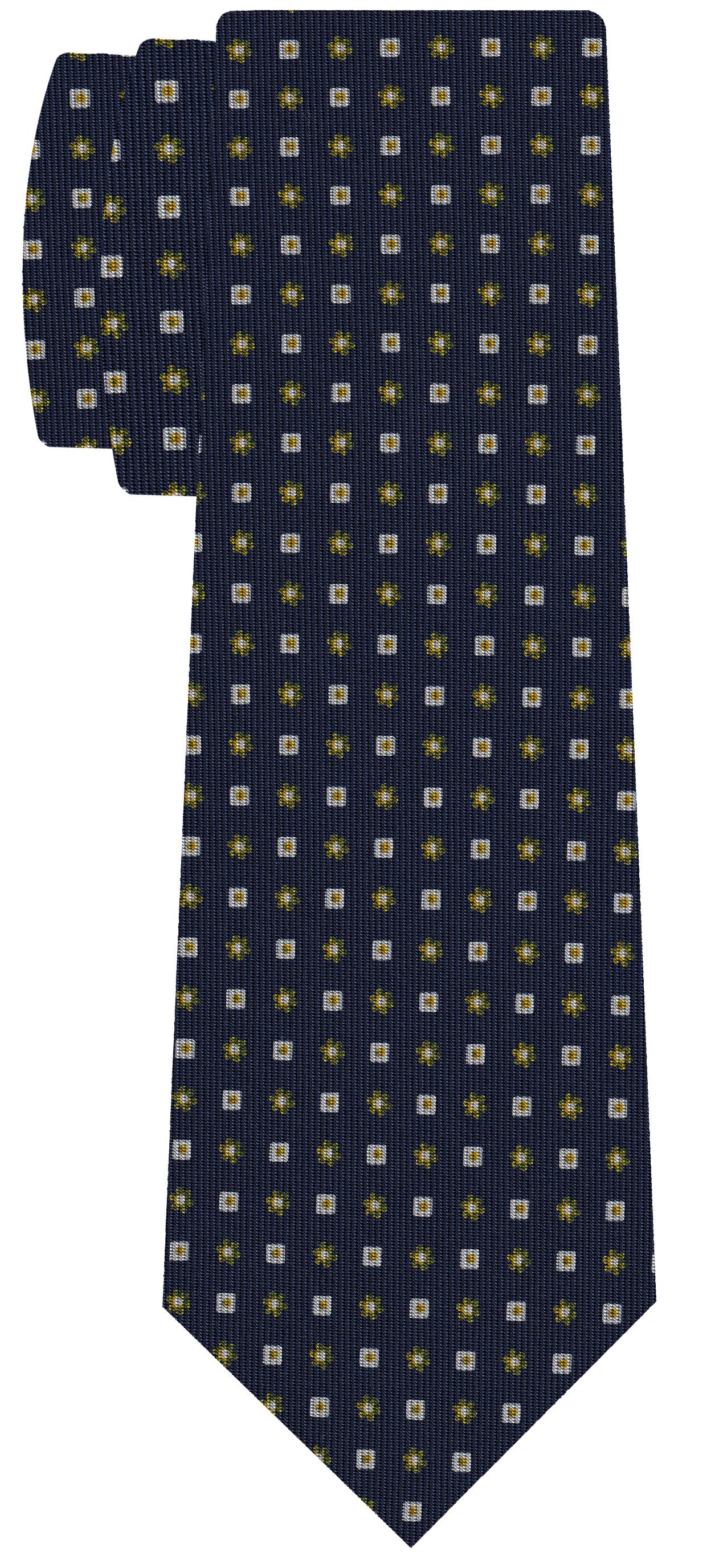 {[en]:White, Yellow Gold & Olive Green on Dark Navy Blue Macclesfield Print Pattern Silk Tie