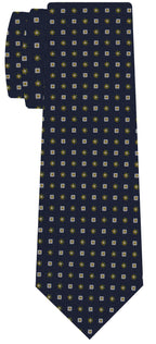 {[en]:White, Yellow Gold & Olive Green on Dark Navy Blue Macclesfield Print Pattern Silk Tie