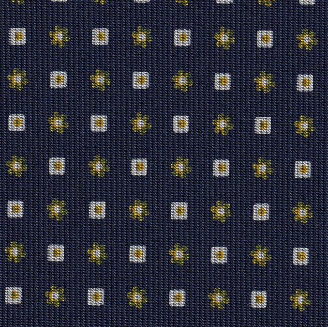 {[en]:White, Yellow Gold & Olive Green on Dark Navy Blue Macclesfield Print Pattern Silk Tie