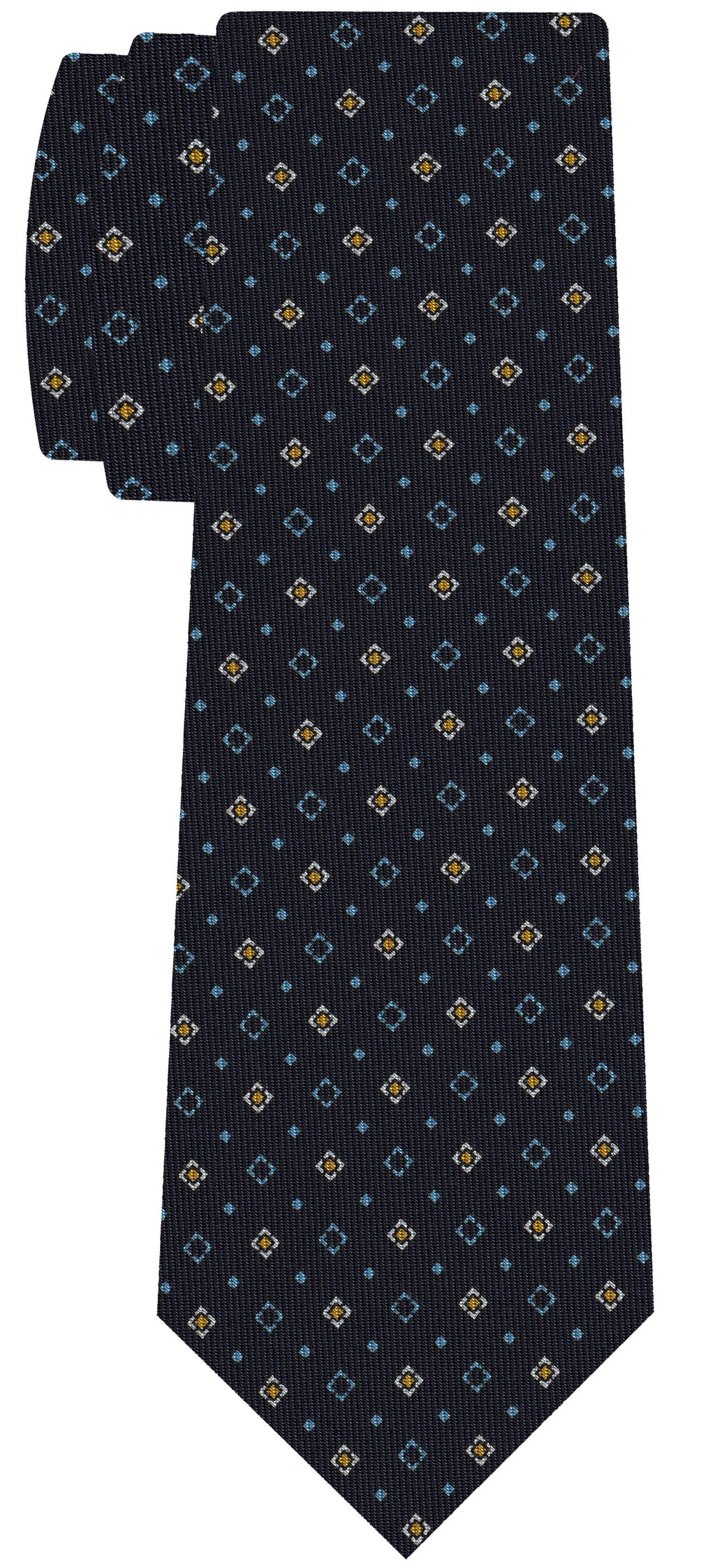 {[en]:Sky Blue, Yellow Gold & White on Dark Navy Blue Macclesfield Print Pattern Silk Tie