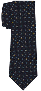 {[en]:Sky Blue, Yellow Gold & White on Dark Navy Blue Macclesfield Print Pattern Silk Tie