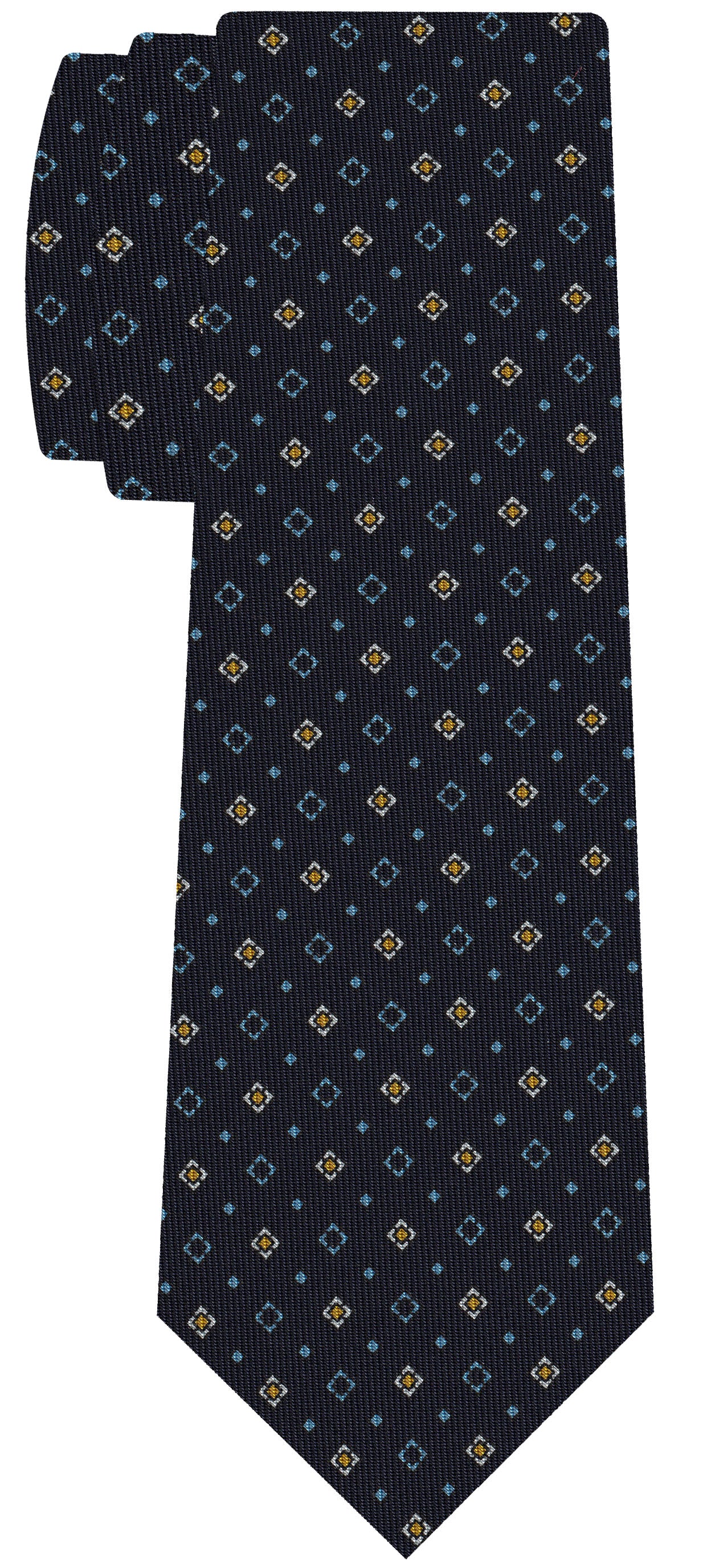 {[en]:Sky Blue, Yellow Gold & White on Dark Navy Blue Macclesfield Print Pattern Silk Tie