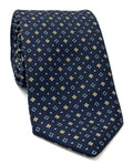 Sky Blue, Yellow Gold & White on Dark Navy Blue Macclesfield Print Pattern Silk Tie MCT-557