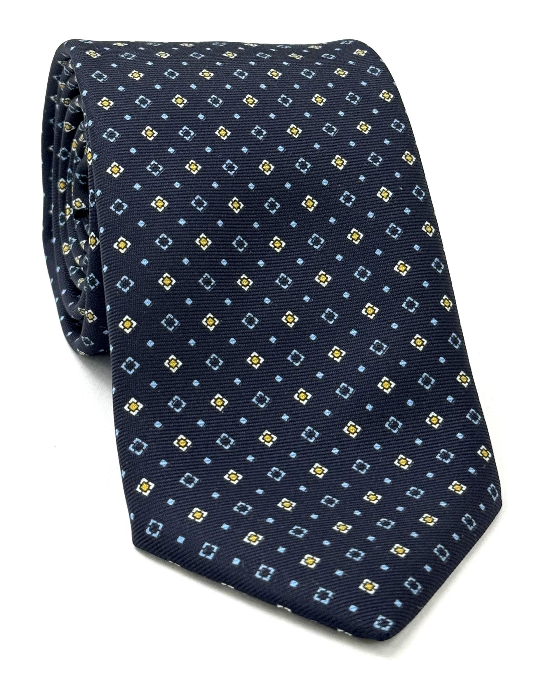 Sky Blue, Yellow Gold & White on Dark Navy Blue Macclesfield Print Pattern Silk Tie MCT-557