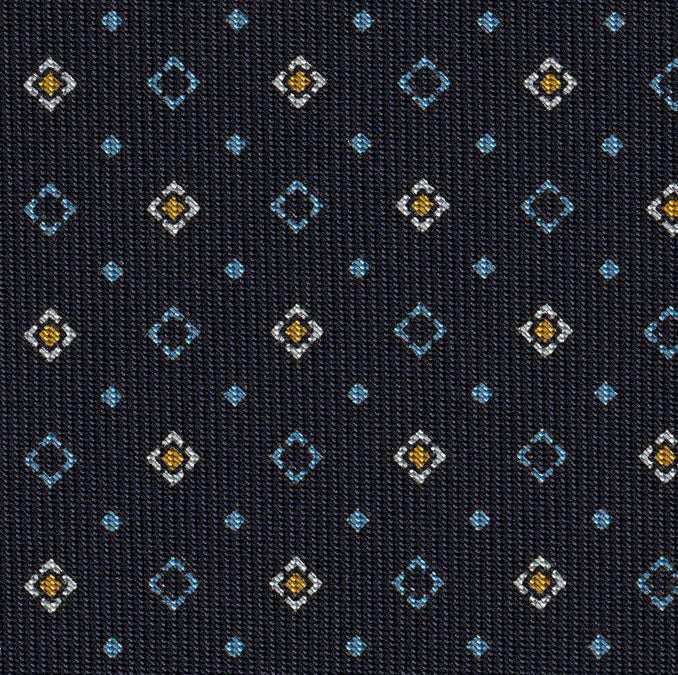 {[en]:Sky Blue, Yellow Gold & White on Dark Navy Blue Macclesfield Print Pattern Silk Tie