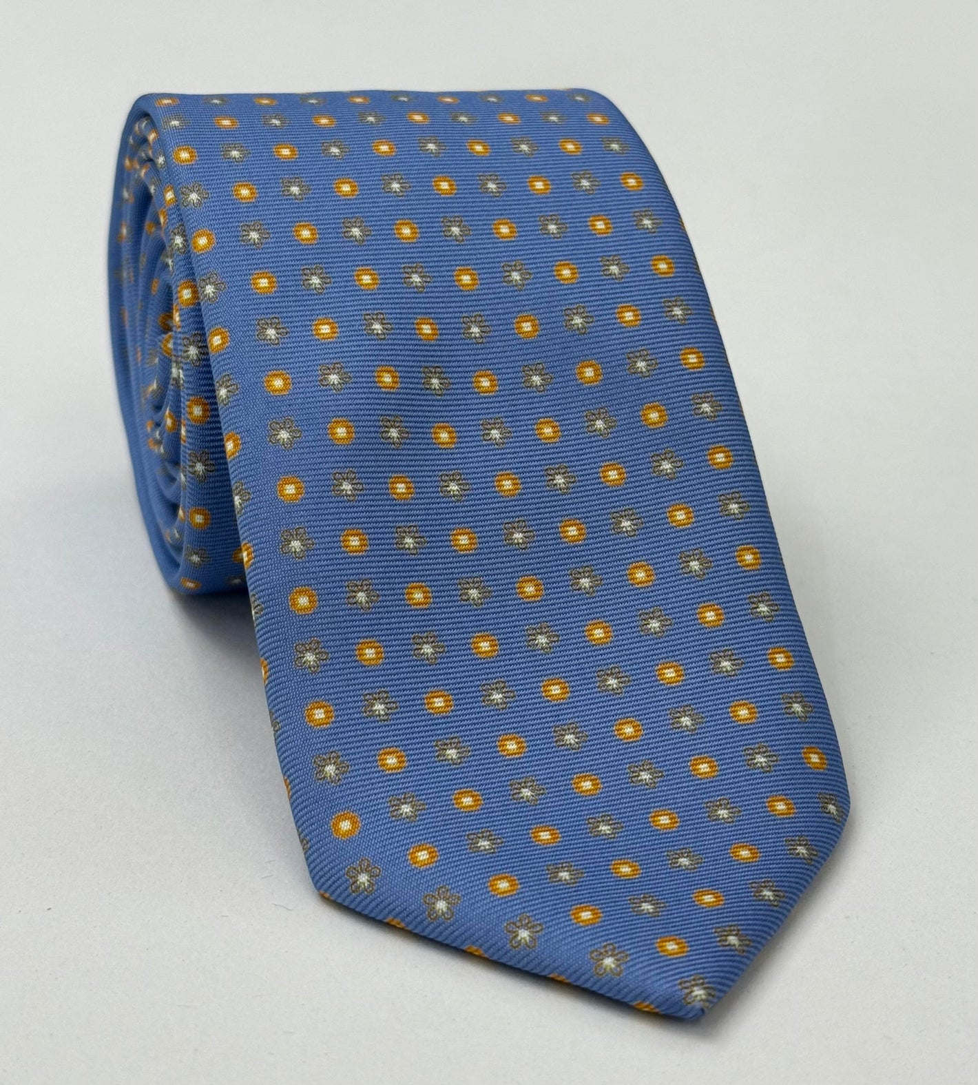 Yellow Gold, Dark Gold & White on Powder Blue Macclesfield Print Pattern Silk Tie #MCT-558