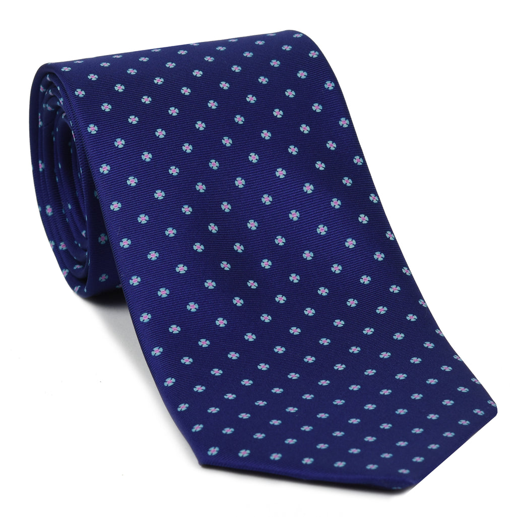 Sky Blue & Lavender on Dark Navy Blue Macclesfield Print Pattern Silk Tie #MCT-560