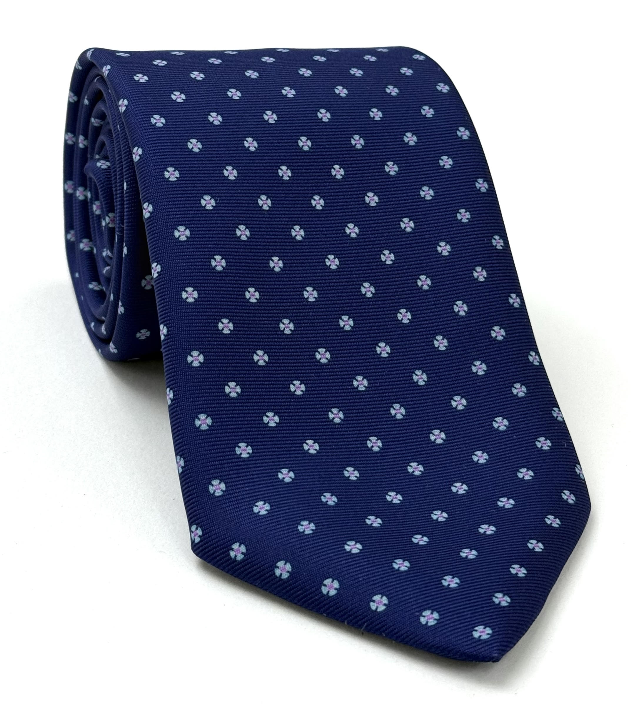 Sky Blue & Lavender on Dark Navy Blue Macclesfield Print Pattern Silk Tie MCT-560