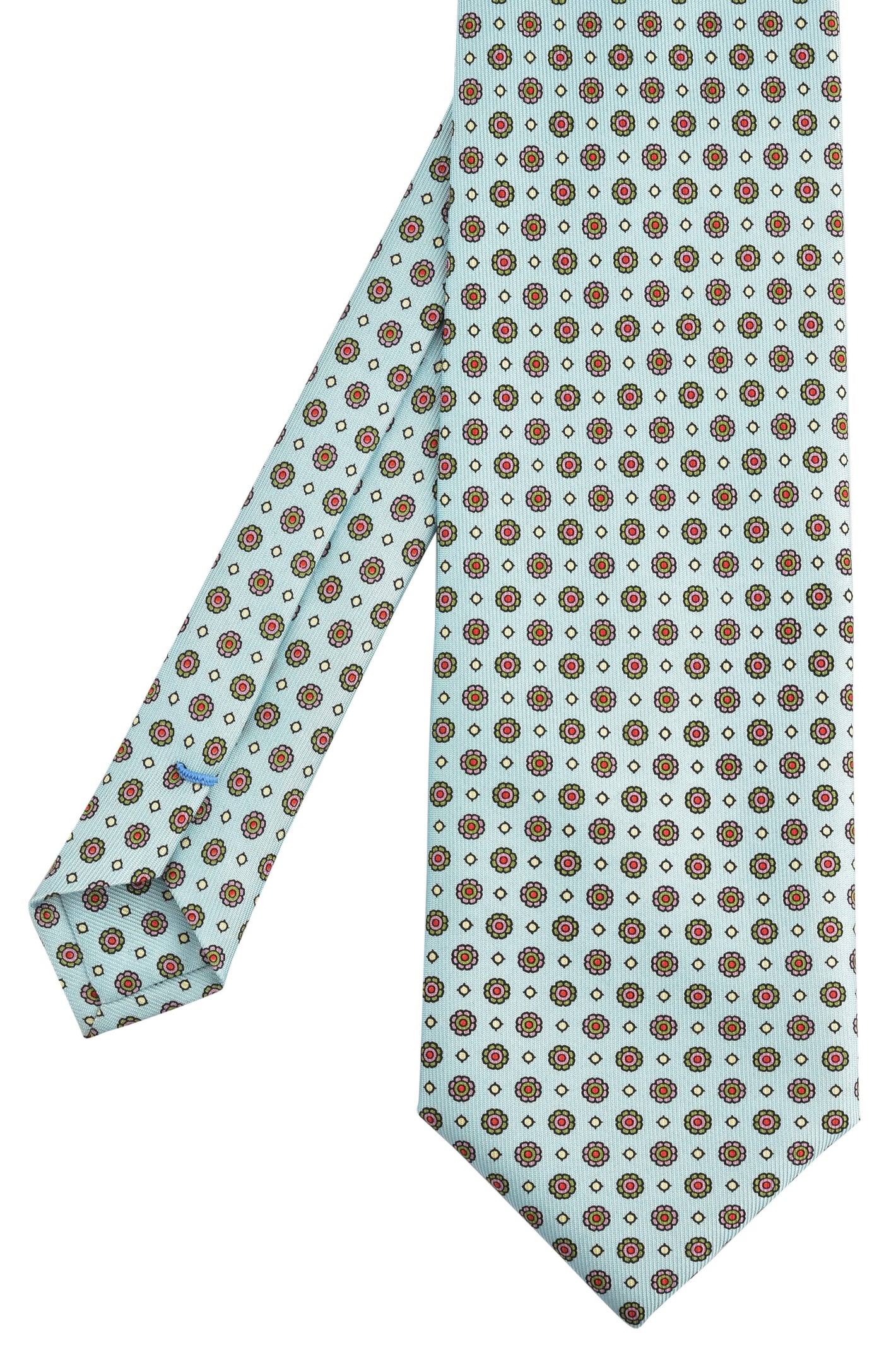 {[en]:Light Green, Pink, Orange & Off-White on Light Sky Blue Macclesfield Printed Silk Tie