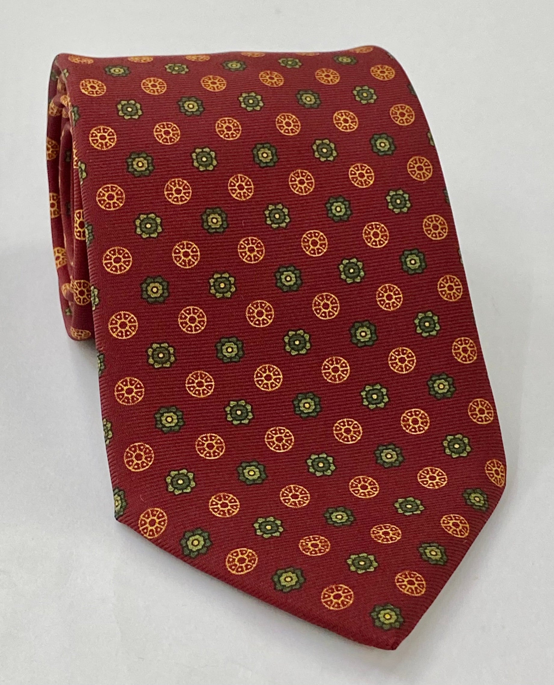 Sage, Dark Olive Green, Yellow Gold on Dark Red Macclesfield Printed Silk Tie #MCT-563