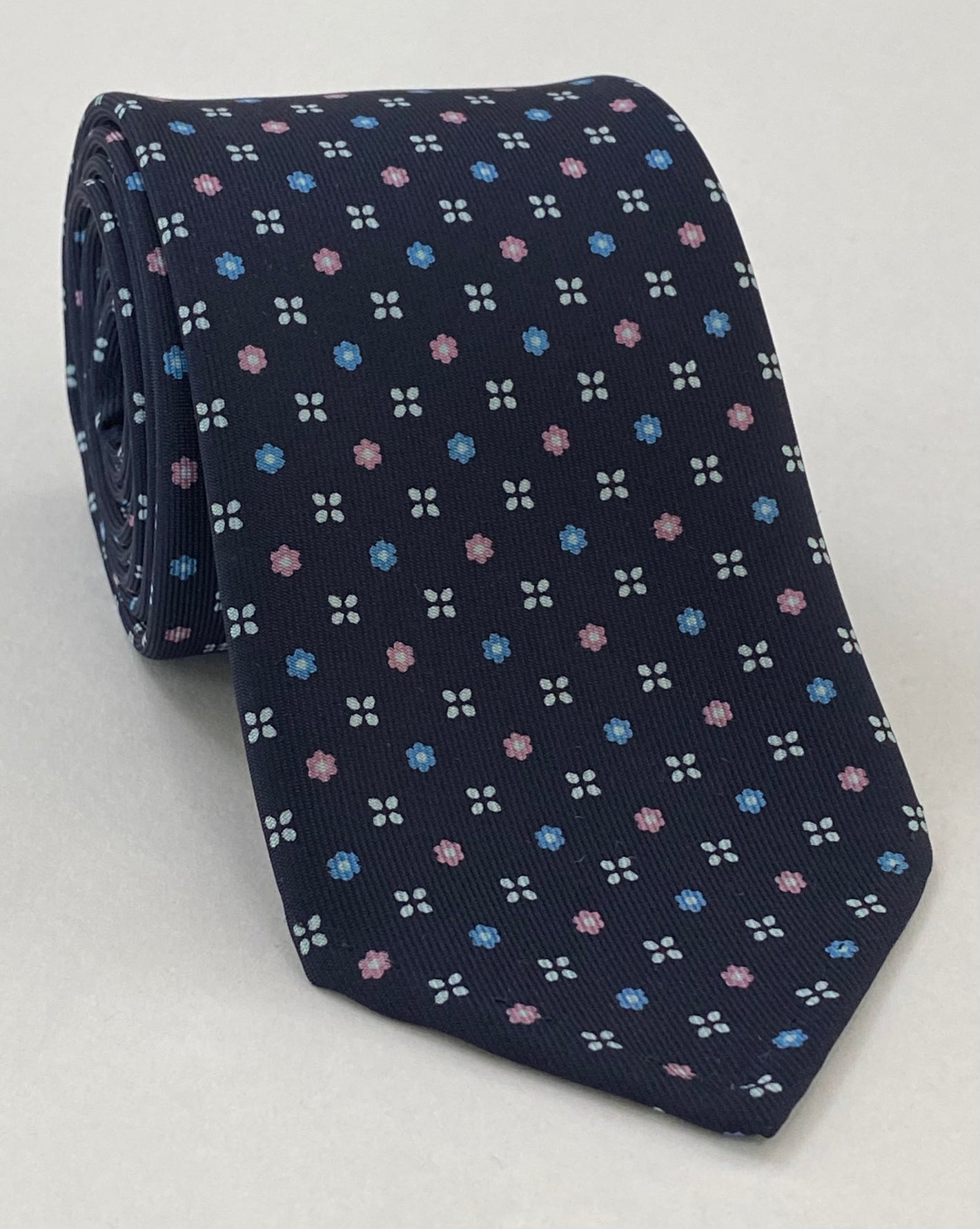 Sky Blue, Pink & White on Navy Blue Macclesfield Printed Silk Tie #MCT-572