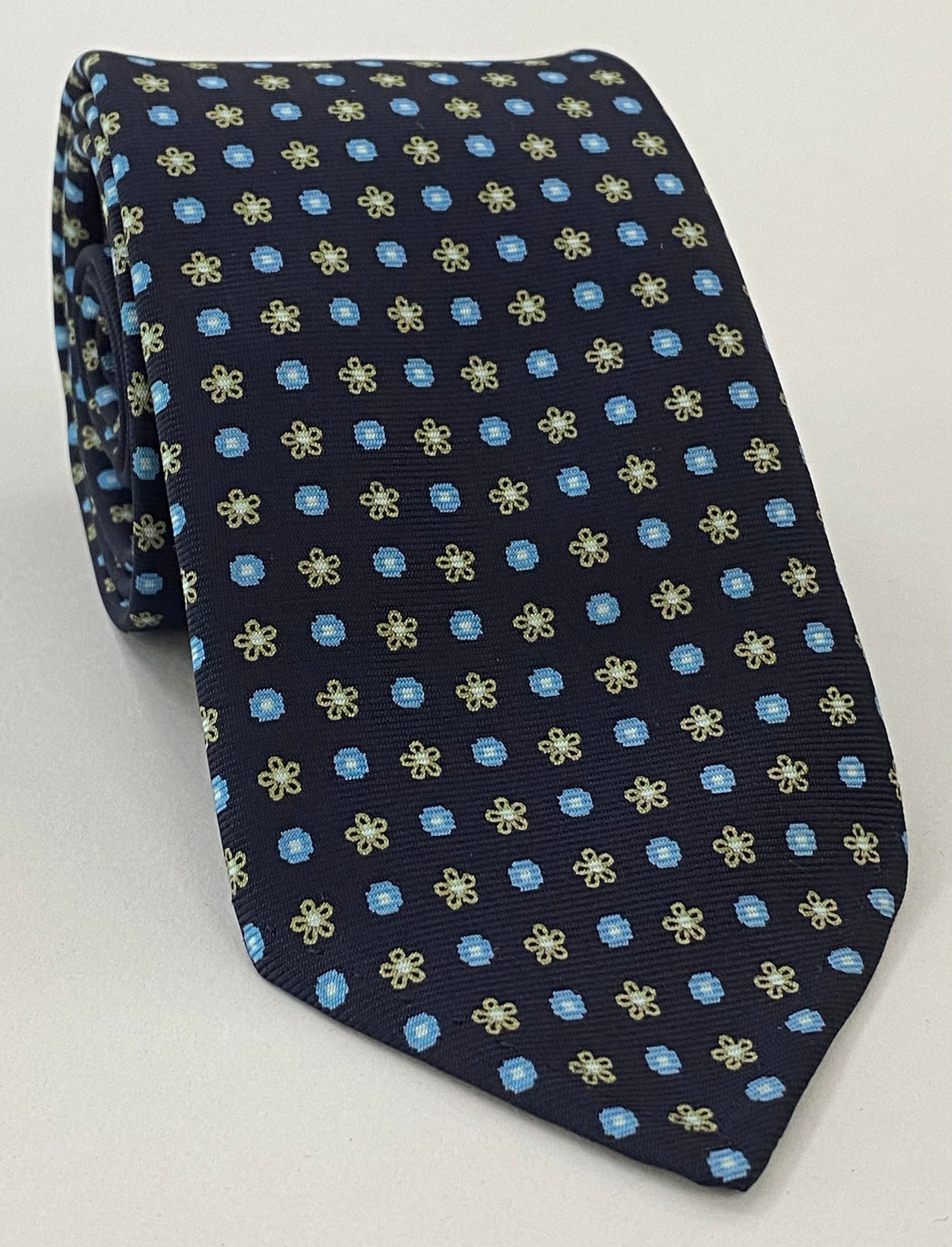 Sky Blue, Cream & White on Midnight Blue  Macclesfield Printed Silk Tie #MCT-581