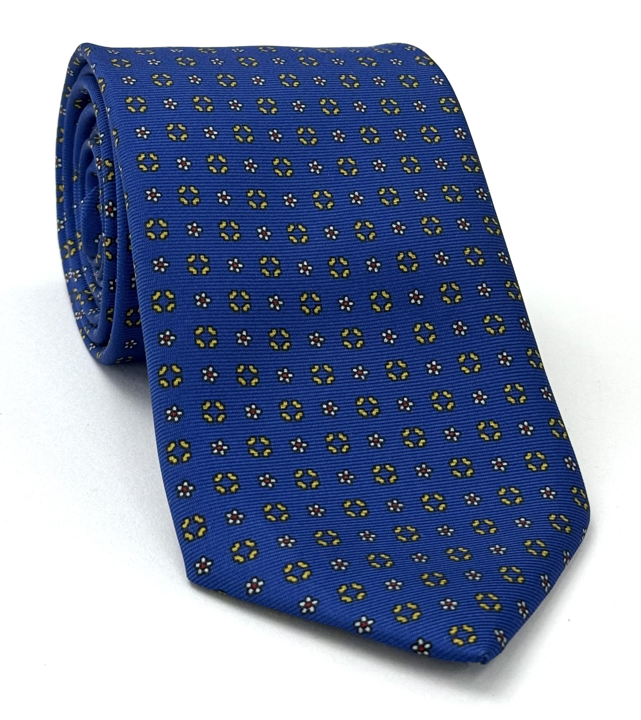 Yellow Gold, White & Red on Blue Macclesfield Printed Silk Tie MCT-583