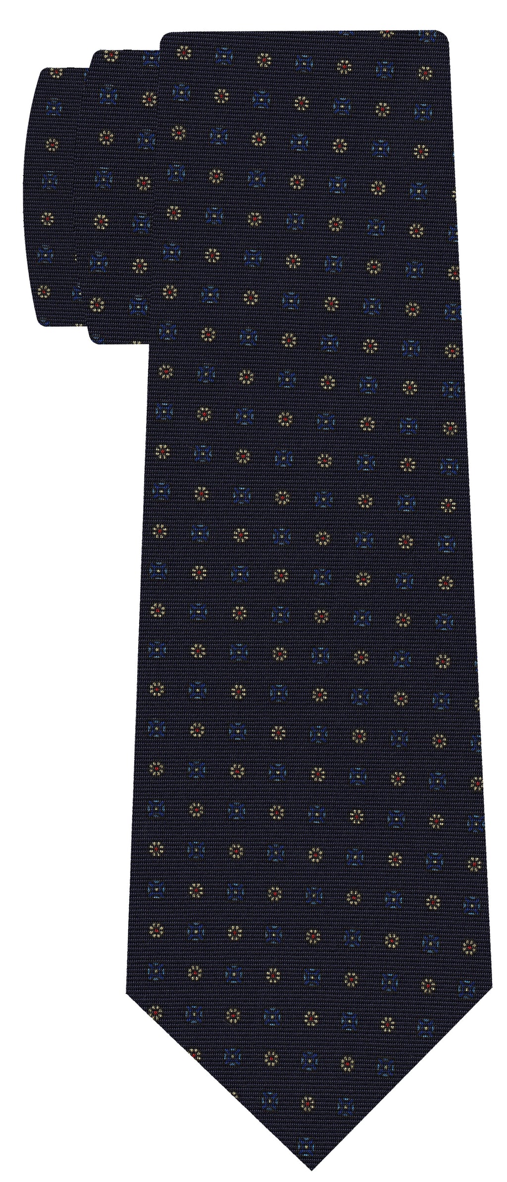 {[en]:Blue, Sky Blue, Light Yellow & Red on Dark Navy Print Pattern Silk Tie