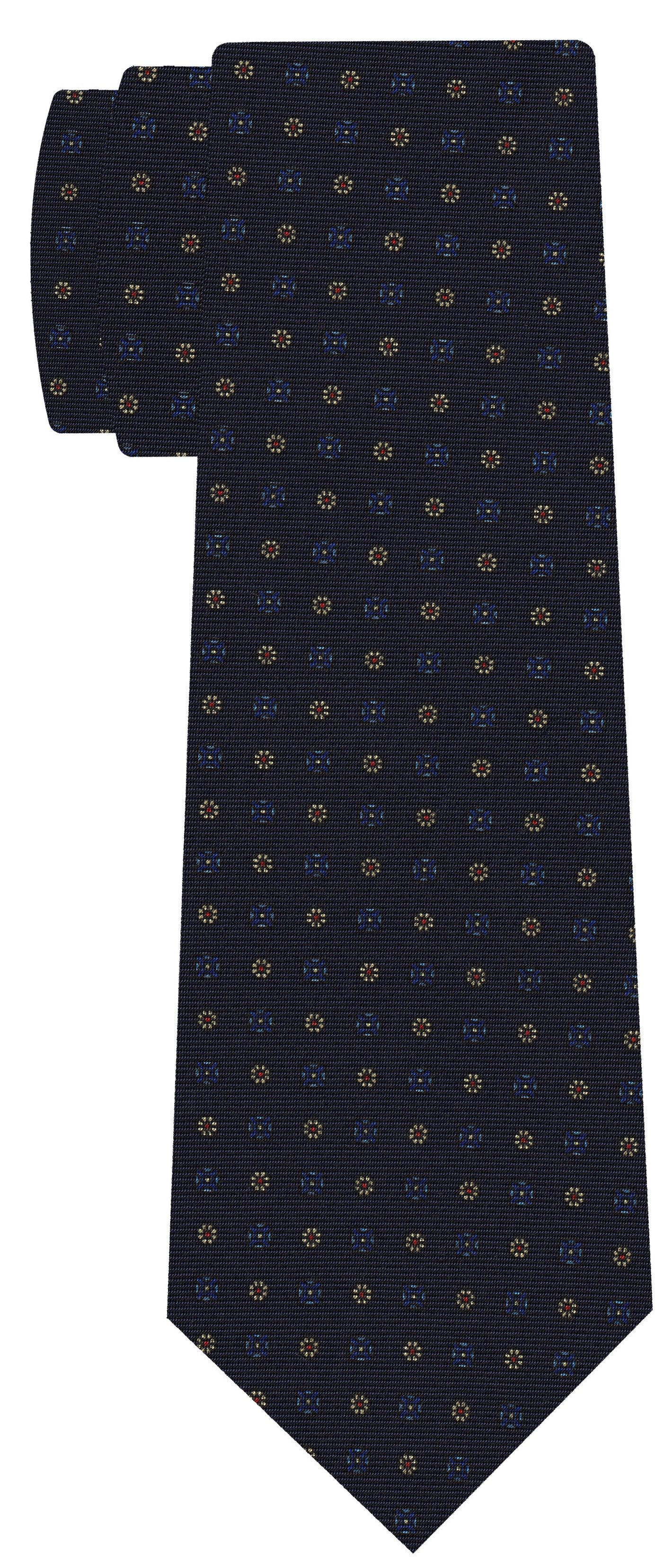 {[en]:Blue, Sky Blue, Light Yellow & Red on Dark Navy Print Pattern Silk Tie