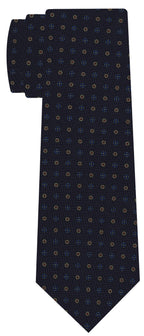 {[en]:Blue, Sky Blue, Light Yellow & Red on Dark Navy Print Pattern Silk Tie