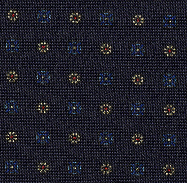 Blue, Sky Blue, Light Yellow & Red on Dark Navy Print Pattern Silk Tie #MCT-585