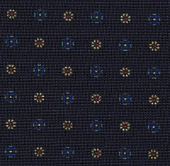 Blue, Sky Blue, Light Yellow & Red on Dark Navy Print Pattern Silk Tie #MCT-585
