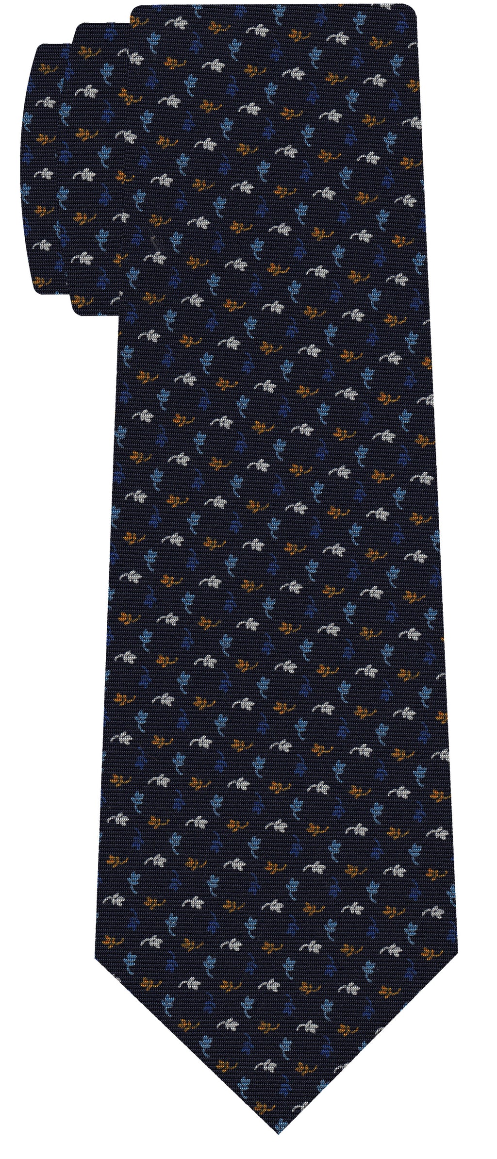 {[en]:Sky Blue, White, Blue & Burnt Orange on Dark Navy Blue Print Pattern Silk Tie