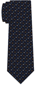 {[en]:Sky Blue, White, Blue & Burnt Orange on Dark Navy Blue Print Pattern Silk Tie