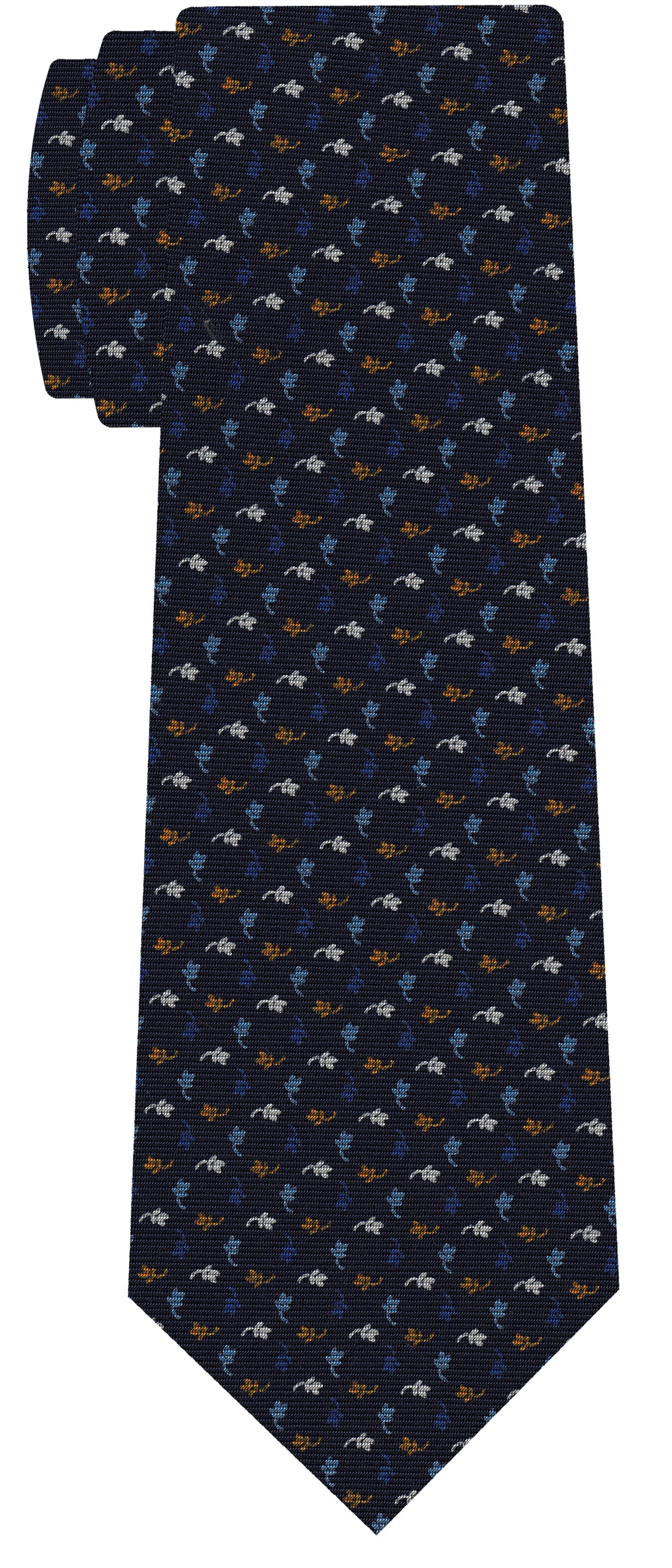 {[en]:Sky Blue, White, Blue & Burnt Orange on Dark Navy Blue Print Pattern Silk Tie