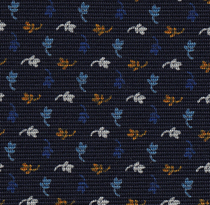 {[en]:Sky Blue, White, Blue & Burnt Orange on Dark Navy Blue Print Pattern Silk Tie