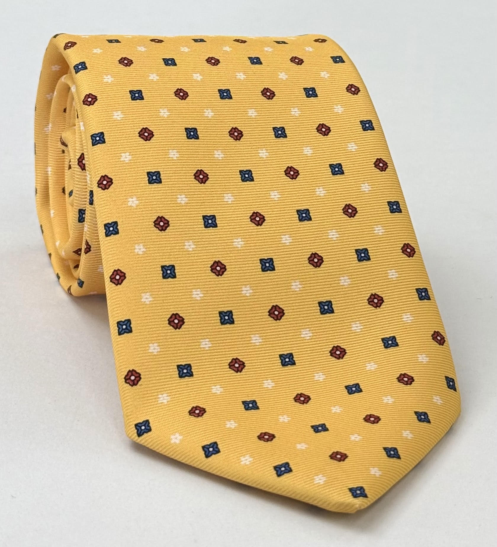 Blue, Red & White on Light Yellow Print Pattern Silk Tie MCT-590