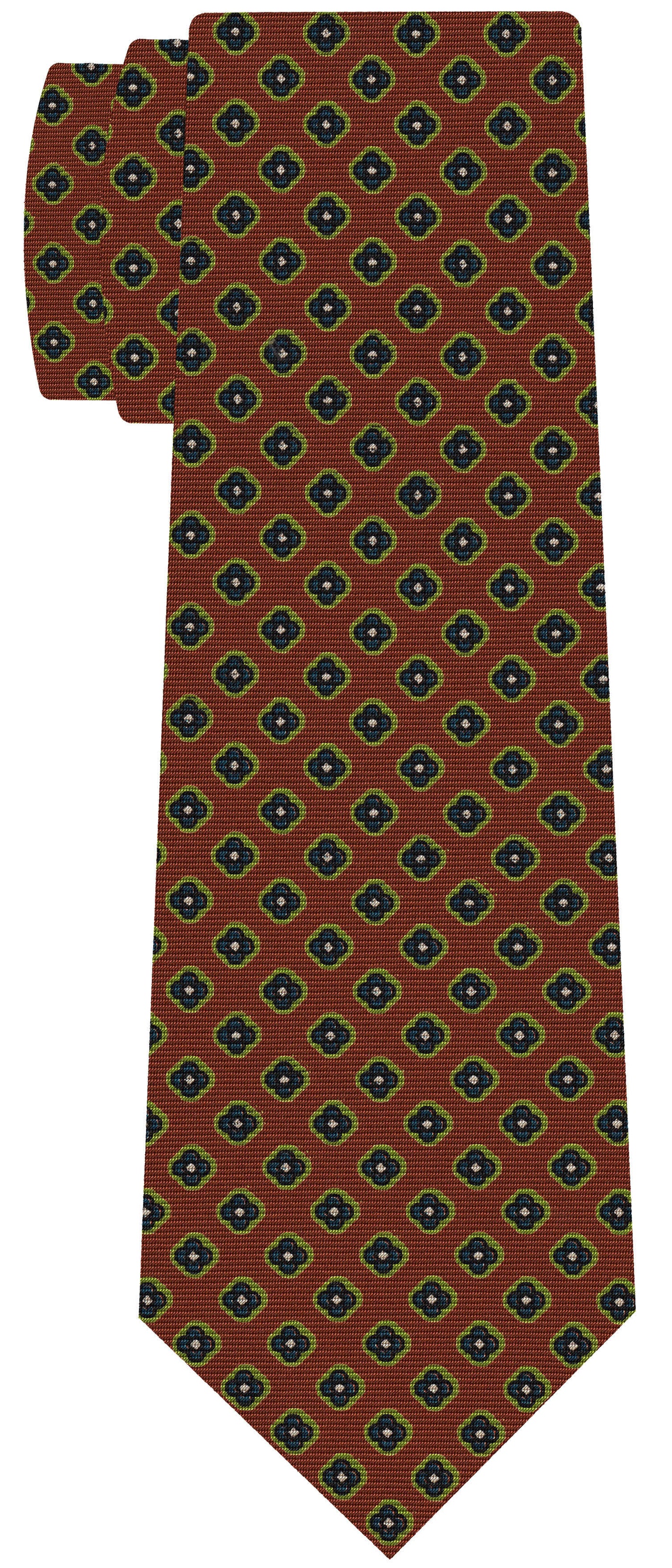{[en]:Dark Blue, White & Lime Green on Dark Burnt Orange Print Pattern Silk Tie