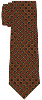 {[en]:Dark Blue, White & Lime Green on Dark Burnt Orange Print Pattern Silk Tie