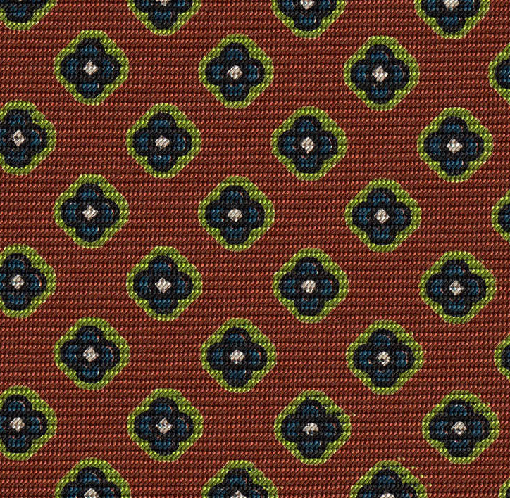Dark Blue, White & Lime Green on Dark Burnt Orange Print Pattern Silk Tie #MCT-591