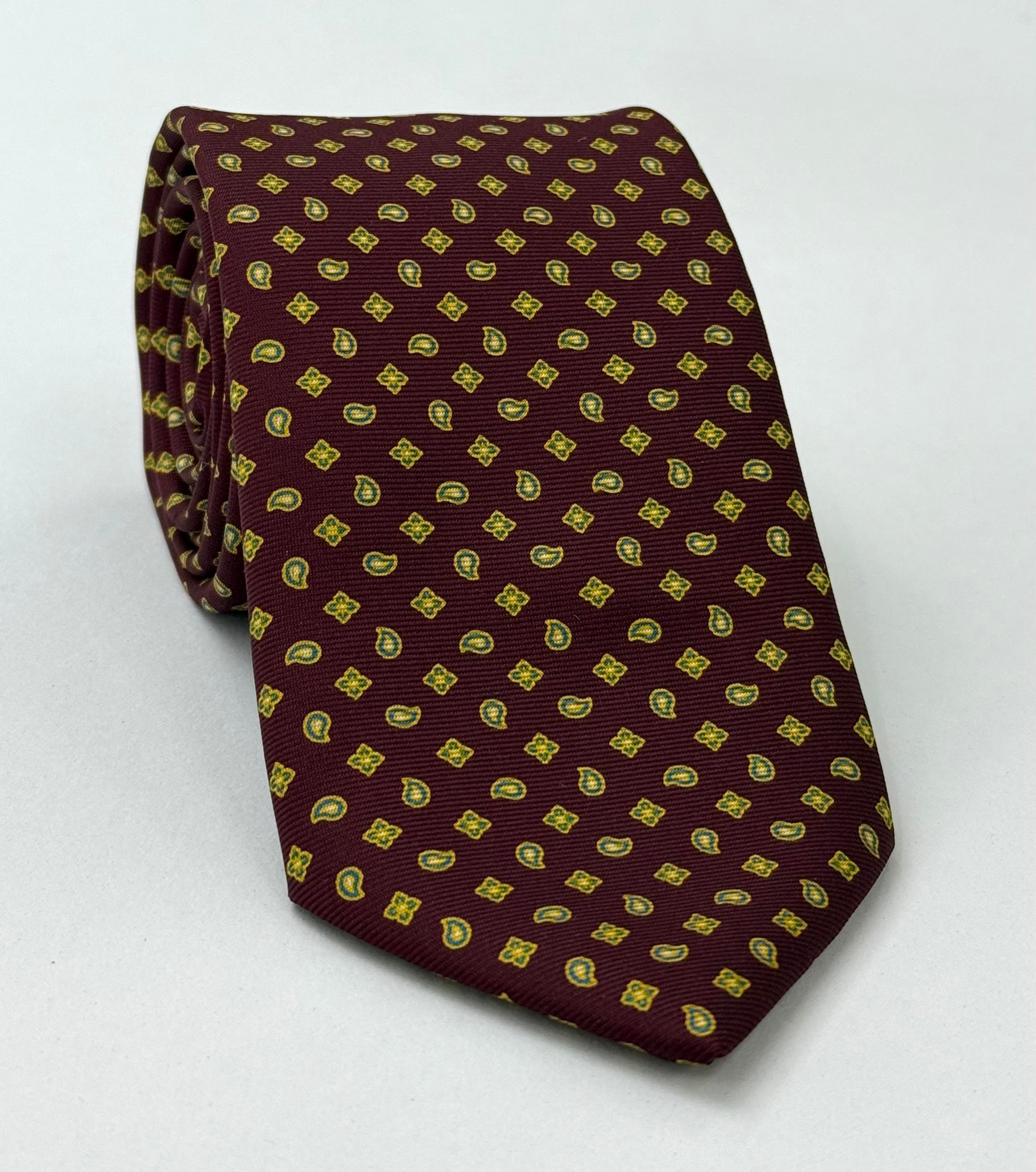 バーガンディプリント柄 シルクタイ イエローゴールド＆ソフトブルー #MCT-592