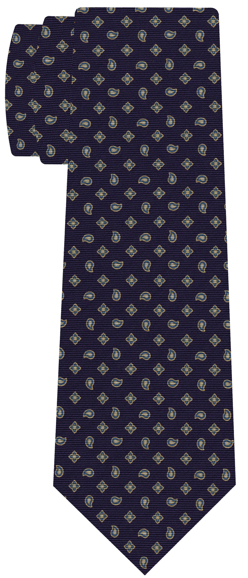 {[en]:Yellow Gold & Soft Blue on Dark Purple Print Pattern Silk Tie