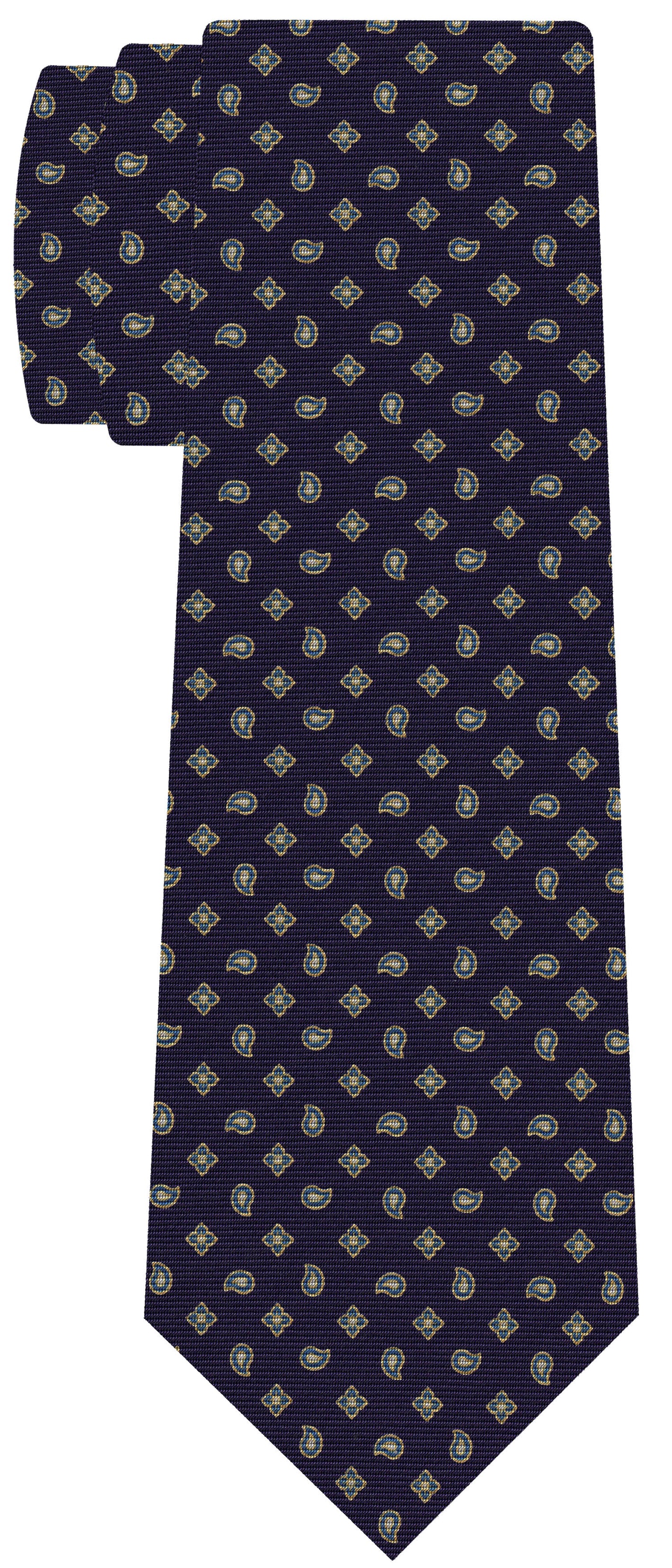 {[en]:Yellow Gold & Soft Blue on Dark Purple Print Pattern Silk Tie