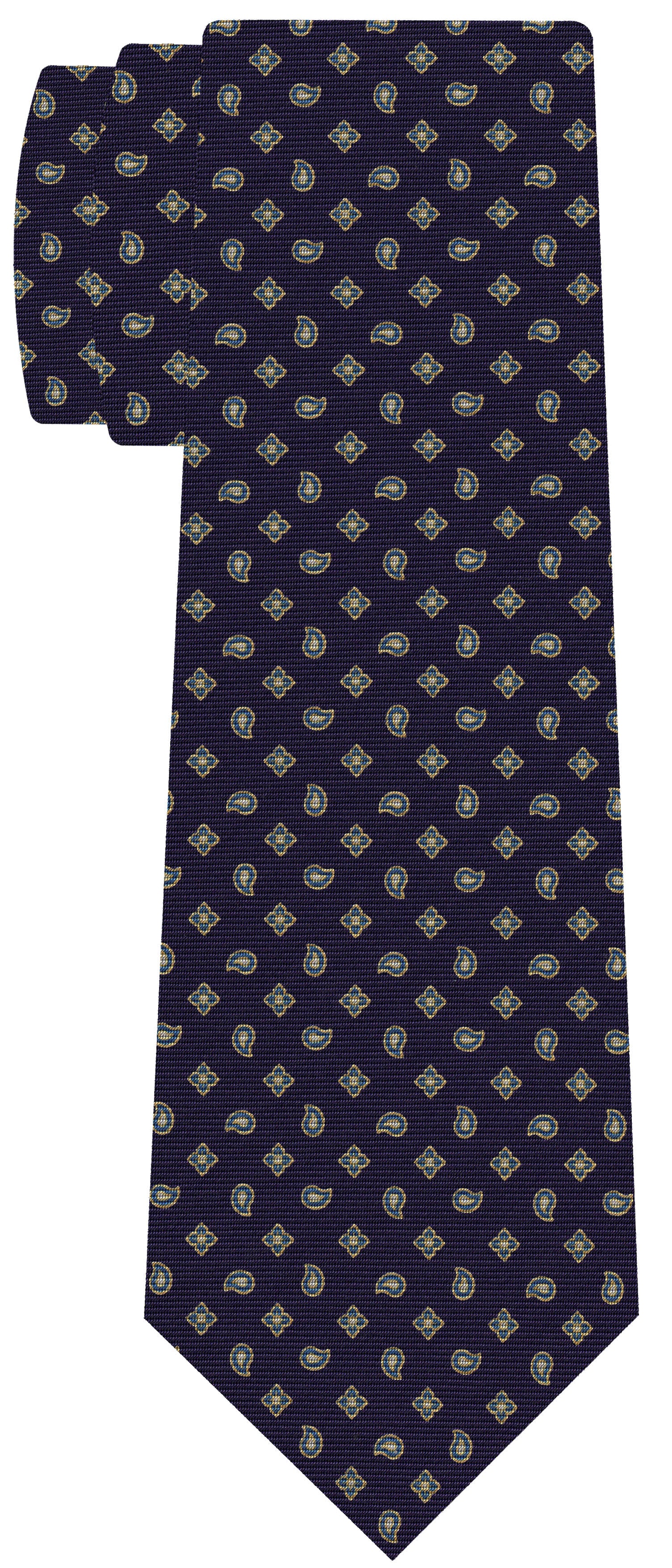 {[en]:Yellow Gold & Soft Blue on Dark Purple Print Pattern Silk Tie