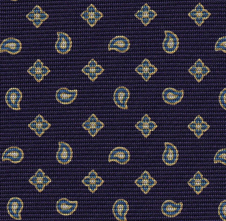 Yellow Gold & Soft Blue on Dark Purple Print Pattern Silk Tie #MCT-595