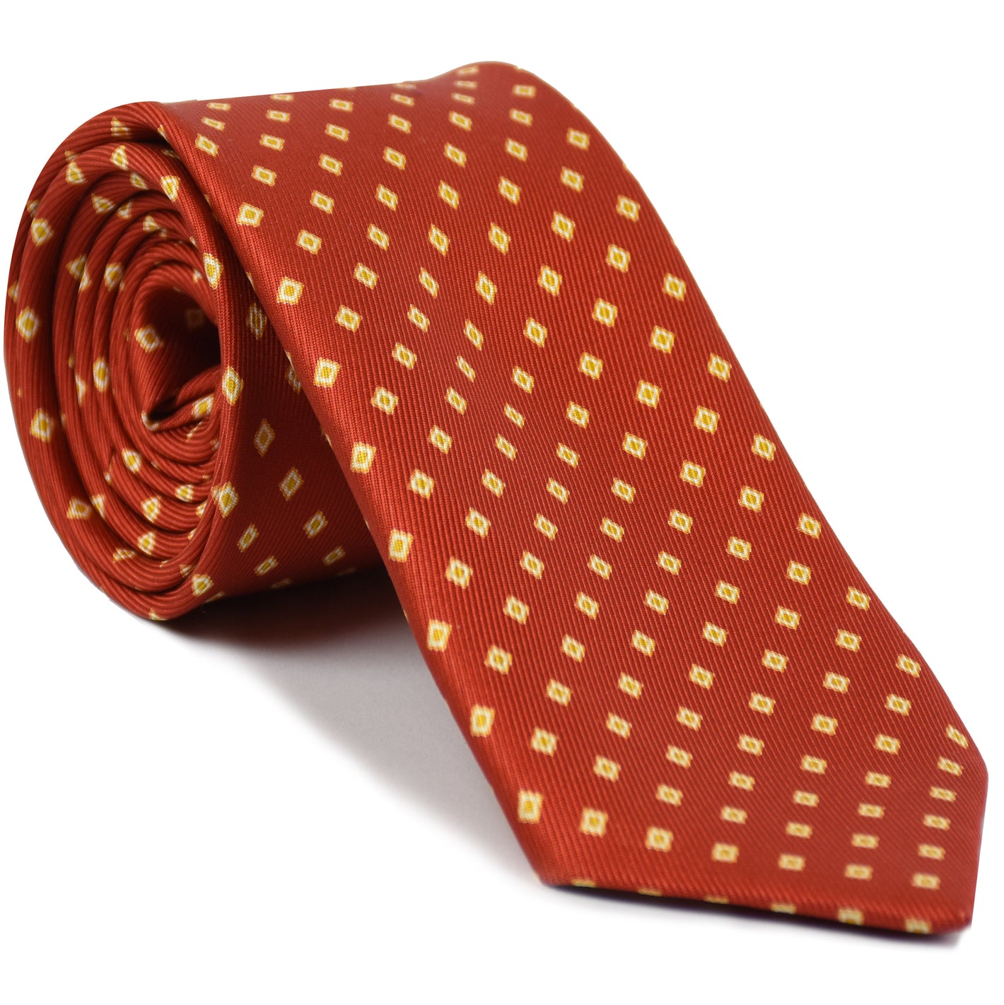 {[en]:White & Mandarin on Red Print Pattern Silk Tie