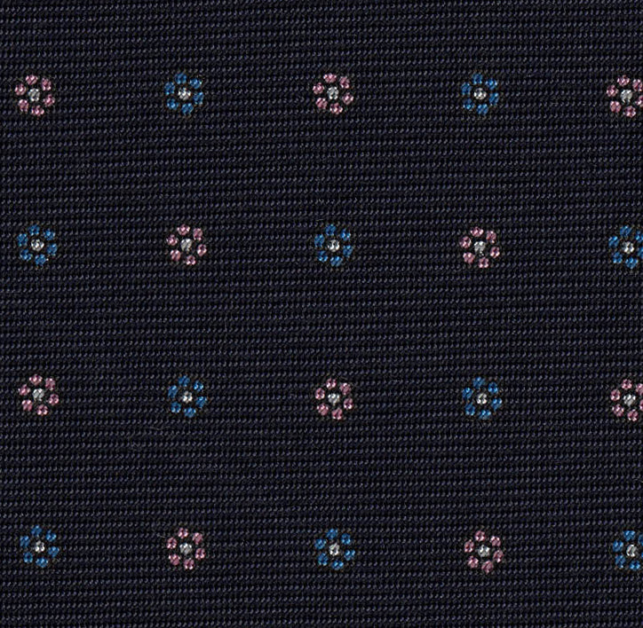 Blue, White & Lavender on Dark Navy Blue Print Pattern Silk Tie #MCT-597