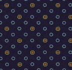 ダークパープル地にスカイブルー、ライトイエロー、オレンジのプリント柄シルクネクタイ MCT-598