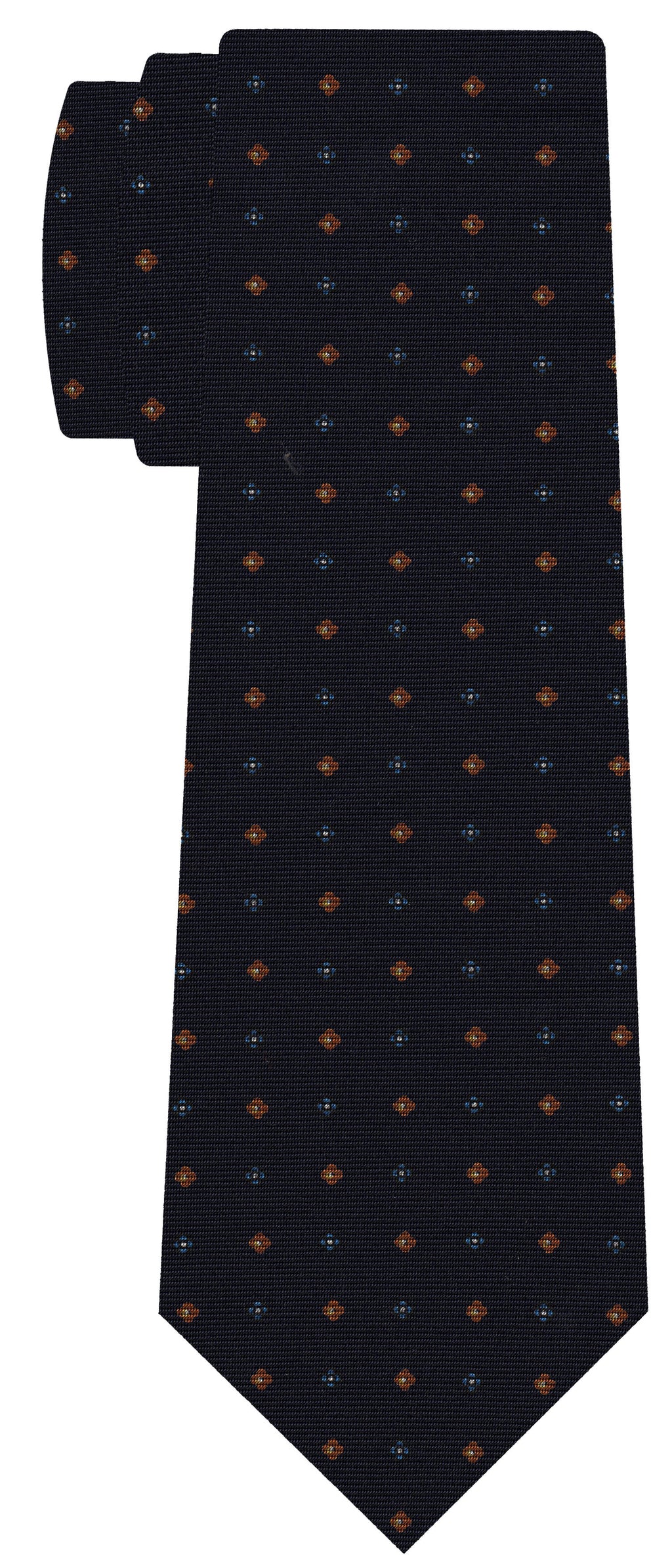 {[en]:Blue, White & Burnt Orange on Dark Navy Blue Print Pattern Silk Tie