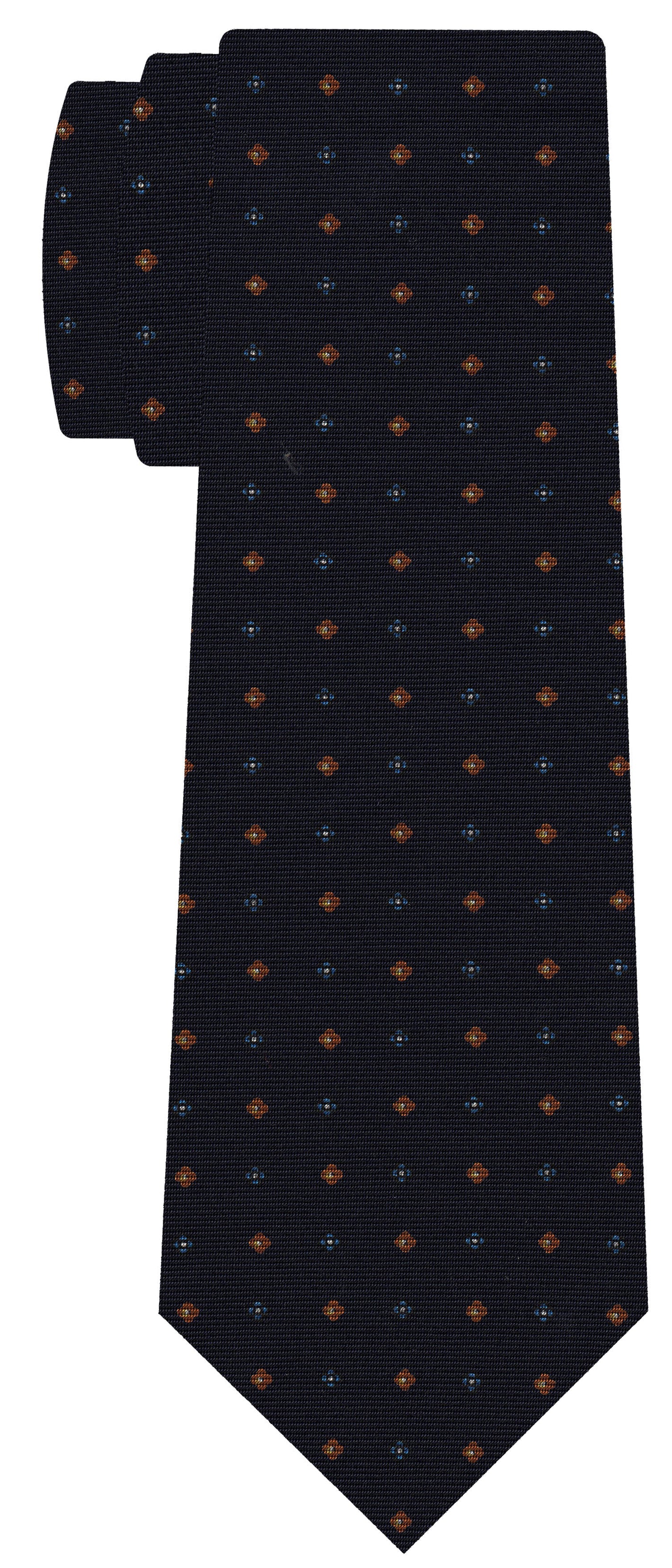 {[en]:Blue, White & Burnt Orange on Dark Navy Blue Print Pattern Silk Tie