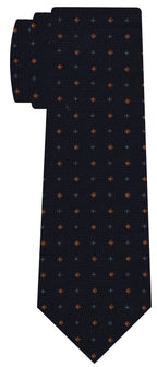 {[en]:Blue, White & Burnt Orange on Dark Navy Blue Print Pattern Silk Tie