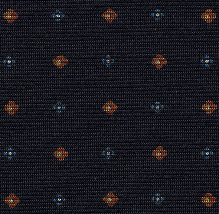 Blue, White & Burnt Orange on Dark Navy Blue Print Pattern Silk Tie MCT-599