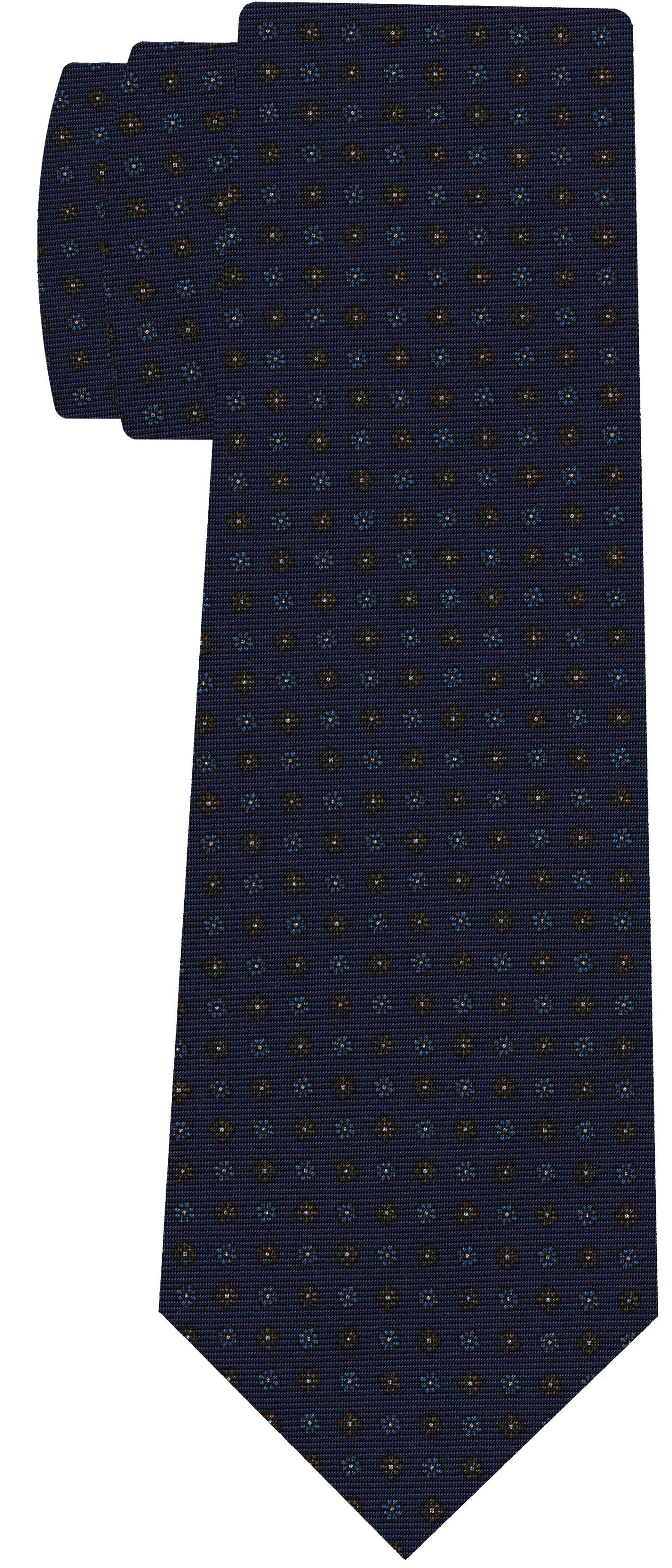 Sky Blue, White & Burnt Orange on Navy Blue Print Pattern Silk Tie #MCT-602