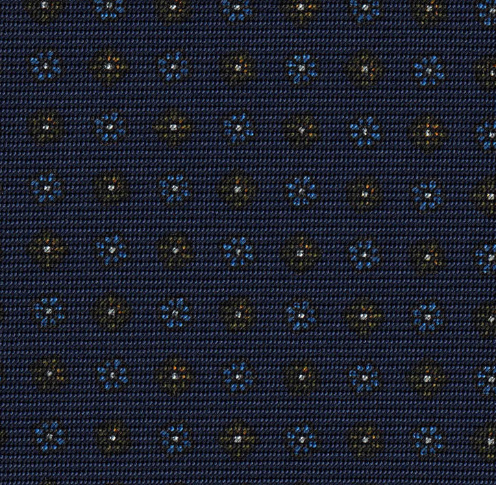Sky Blue, White & Burnt Orange on Navy Blue Print Pattern Silk Tie #MCT-602