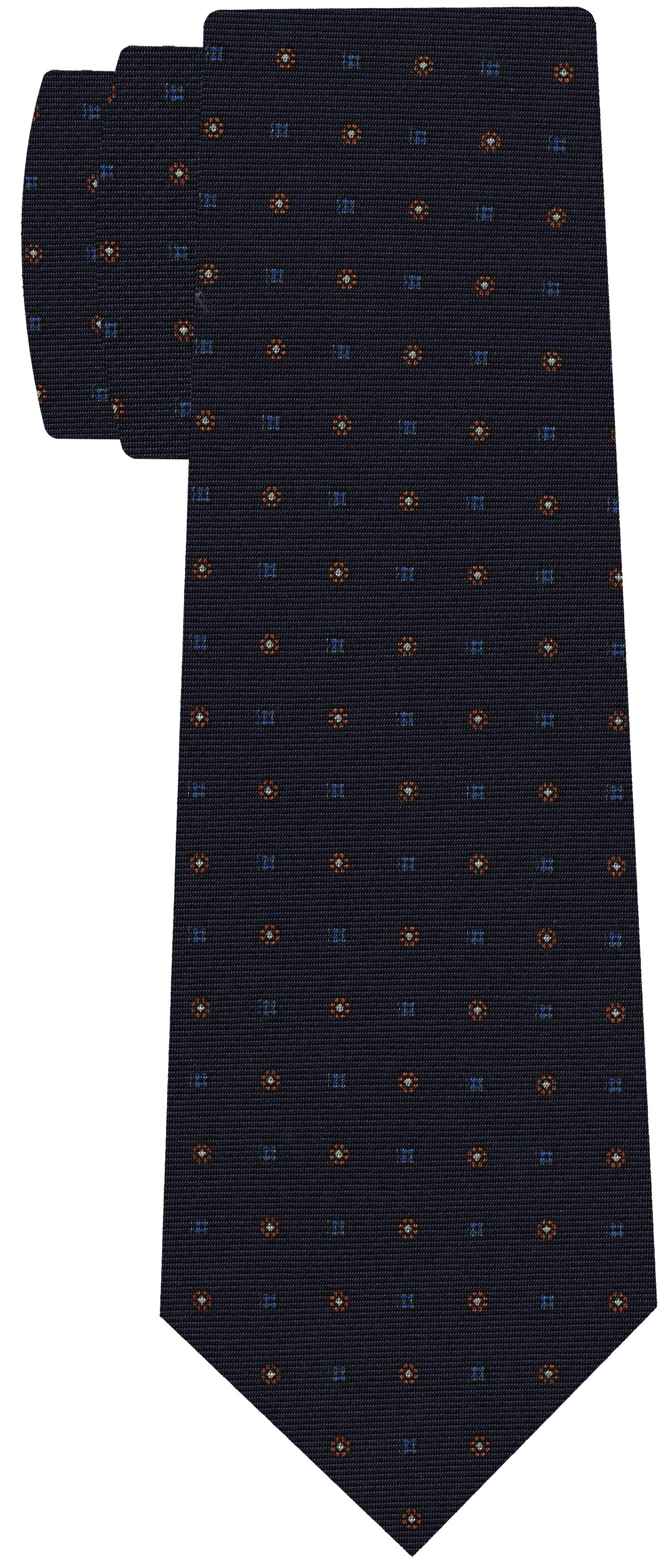 Blue, White & Orange on Dark Navy Blue Print Pattern Silk Tie #MCT-603