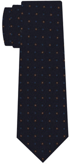 Blue, White & Orange on Dark Navy Blue Print Pattern Silk Tie #MCT-603